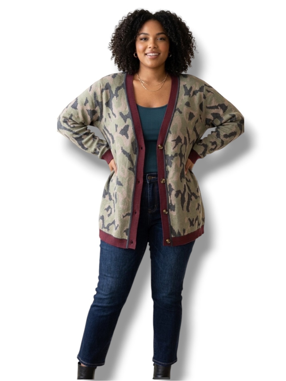 Crescent Drive Camo Knit Cardigan Sweater Burgundy Plus Size 2X (Tag 4/5)